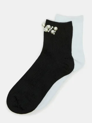 2 Pack Pearl Anklet Socks Black Multi