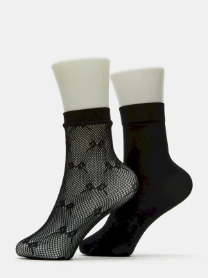2 Pack Bow Fishnet Anklet Socks Black